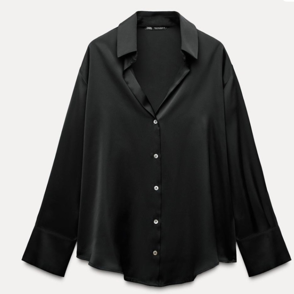 Zara Black Satin Button-Down Shirt